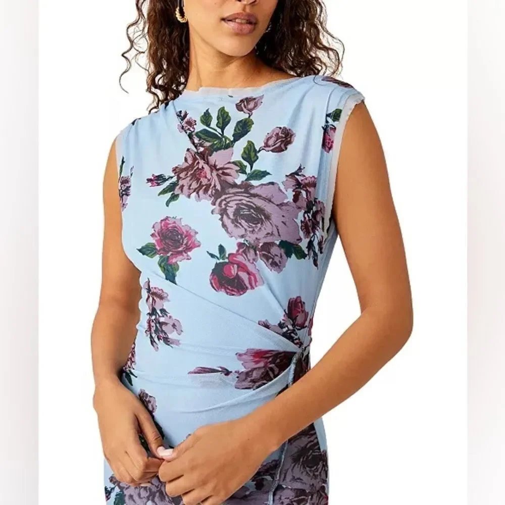 Free People Carmel Blue Floral Print Sleeveless Draped Midi Dress Size Large NWT